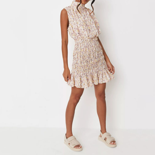 pink floral print high neck shirred sleeveless mini dress