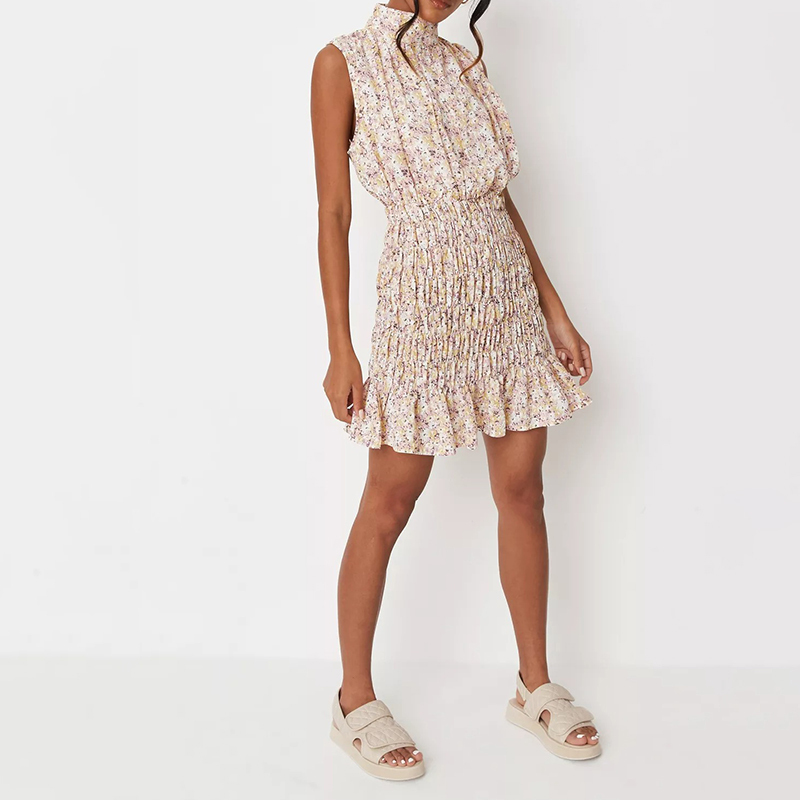 pink floral print high neck shirred sleeveless mini dress