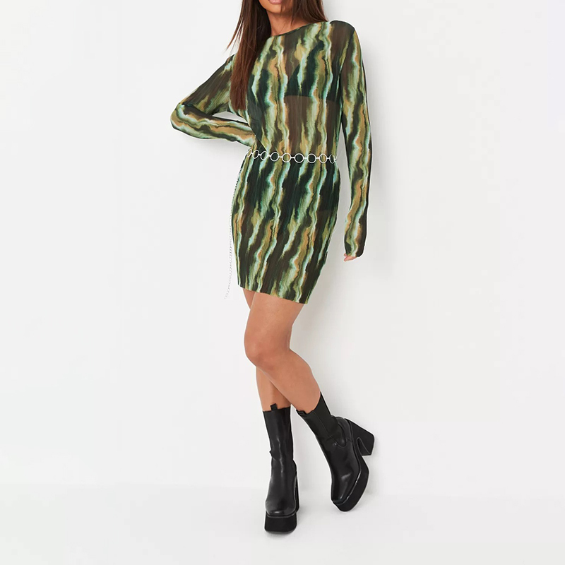 green tie dye crew neck mesh plisse mini dress
