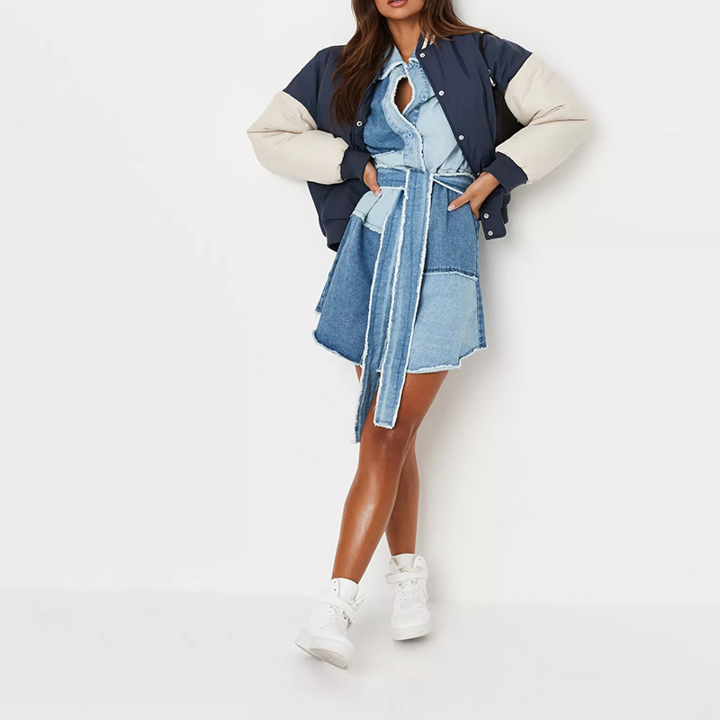 blue frayed patchwork belted denim shirt dress