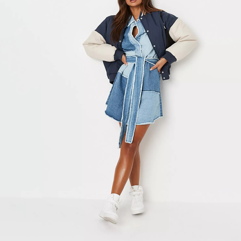 blue frayed patchwork belted denim shirt dress