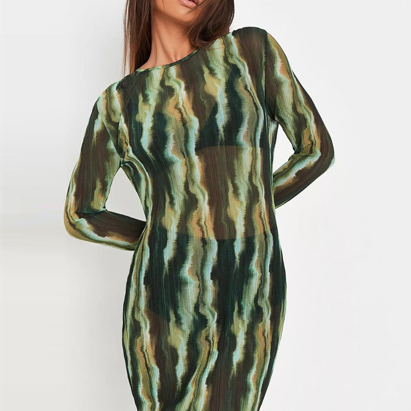 green tie dye crew neck mesh plisse mini dress