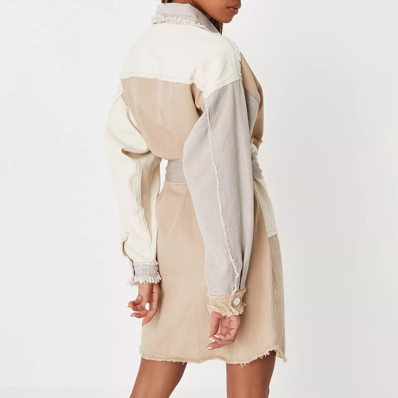 blue frayed patchwork belted denim shirt dress