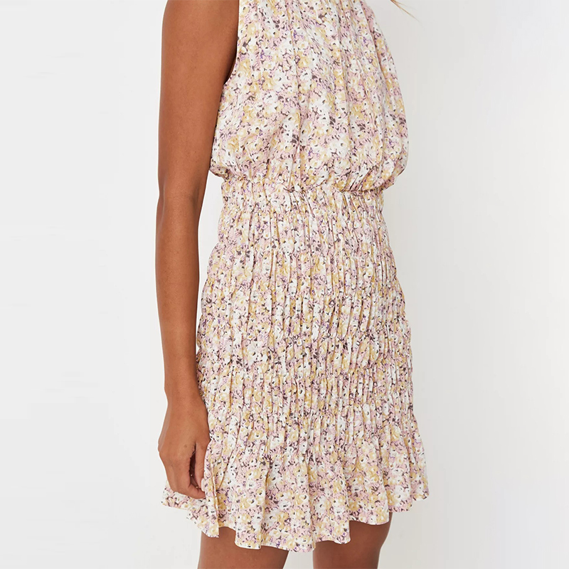 pink floral print high neck shirred sleeveless mini dress