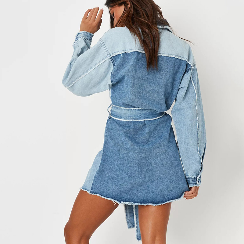 blue frayed patchwork belted denim shirt dress