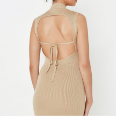 stone high neck backless rib knit midaxi dress