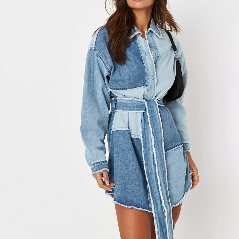 blue frayed patchwork belted denim shirt dress