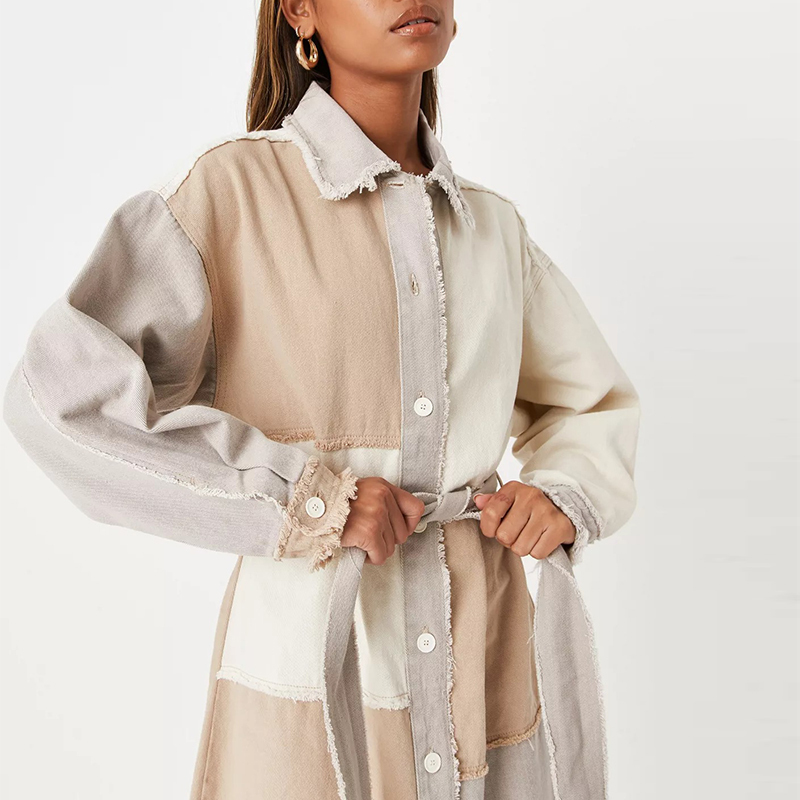 blue frayed patchwork belted denim shirt dress
