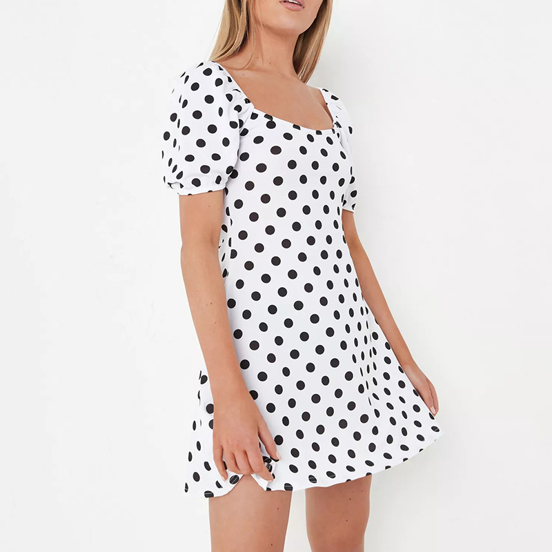 white polka dot puff sleeve mini dress