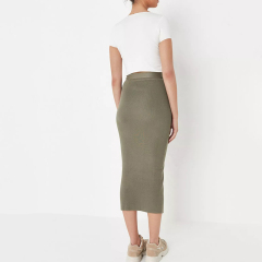 khaki belted rib knit midi skirt