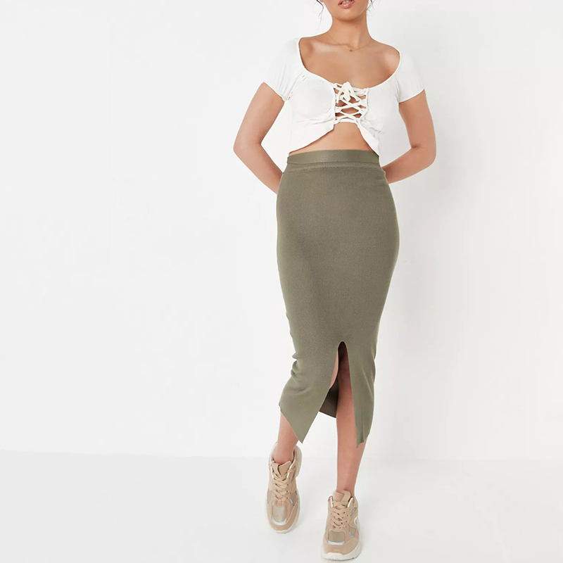 khaki belted rib knit midi skirt