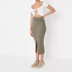 khaki belted rib knit midi skirt
