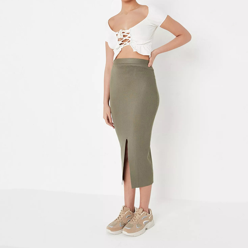 khaki belted rib knit midi skirt