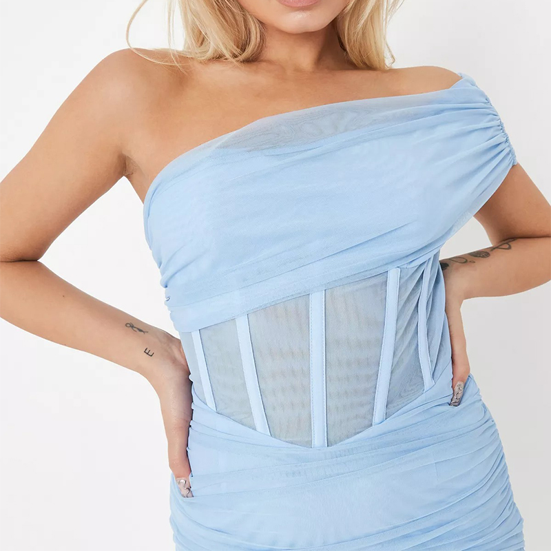 petite blue mesh ruched one shoulder midi dress