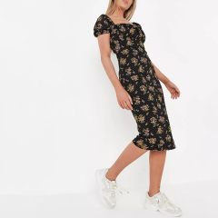black floral print ruched bust milkmaid midaxi dress