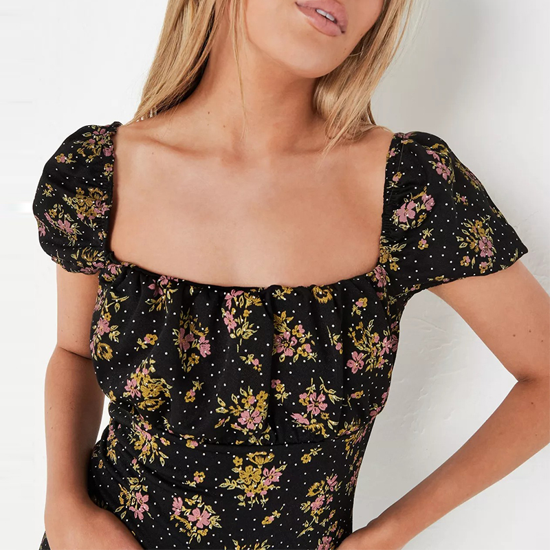black floral print ruched bust milkmaid midaxi dress