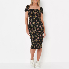 black floral print ruched bust milkmaid midaxi dress