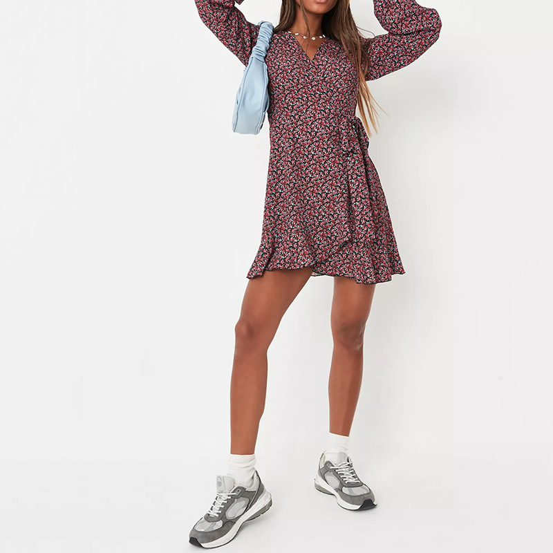 black animal print balloon sleeve belted tea dress