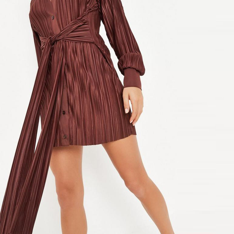 chocolate plisse tie waist flared sleeve shirt dress