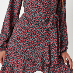 black animal print balloon sleeve belted tea dress