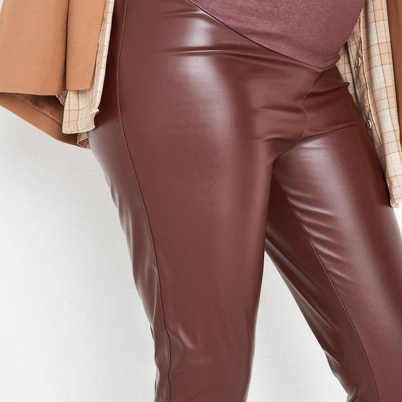 chocolate faux leather over bump maternity leggings
