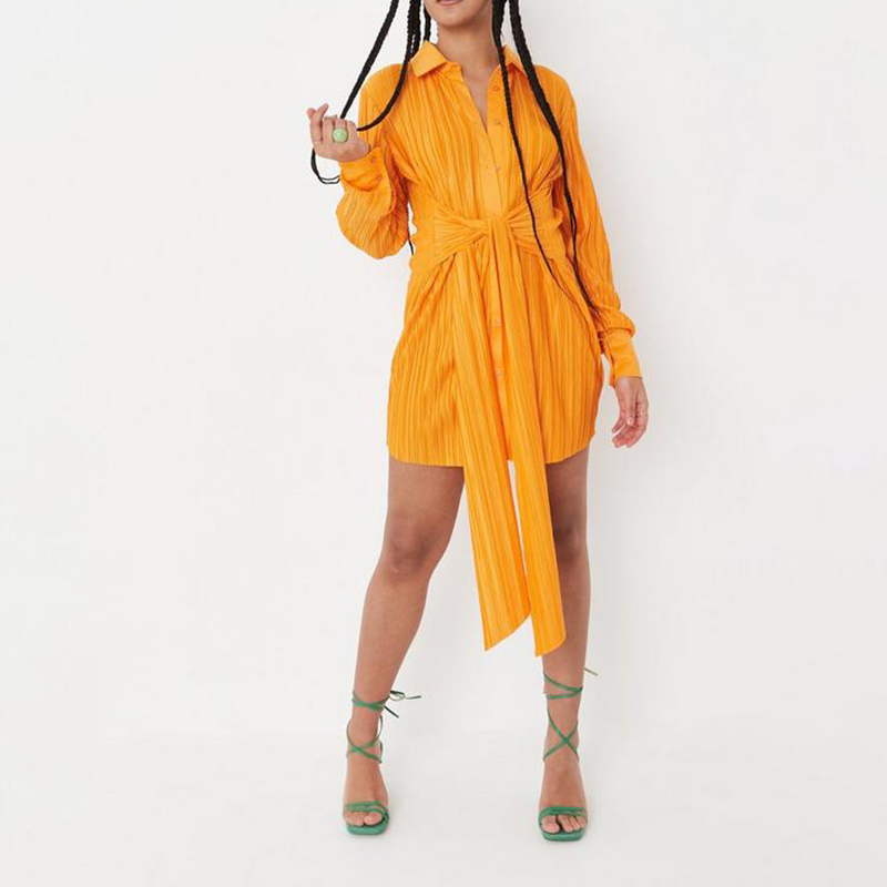 chocolate plisse tie waist flared sleeve shirt dress