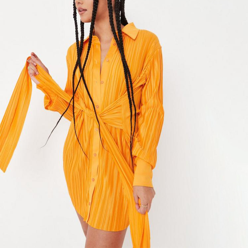 chocolate plisse tie waist flared sleeve shirt dress