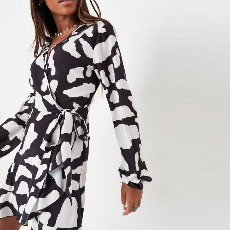 black animal print balloon sleeve belted tea dress