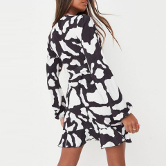 black animal print balloon sleeve belted tea dress