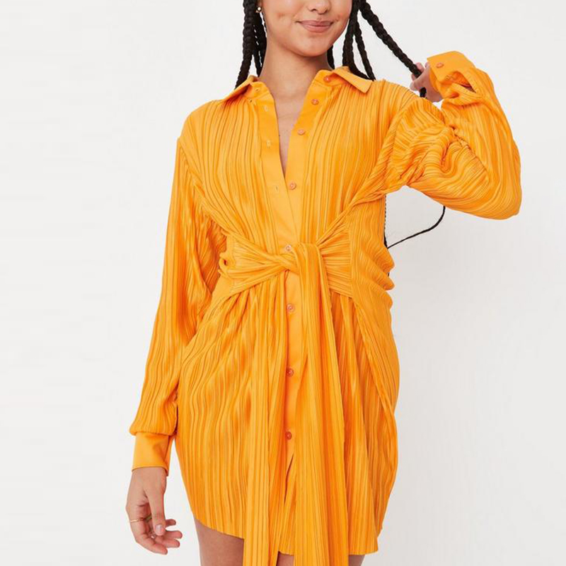 chocolate plisse tie waist flared sleeve shirt dress