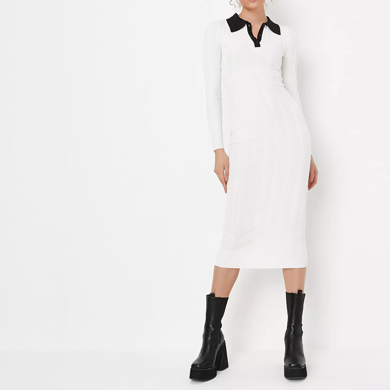tall white contrast collar rib midaxi dress