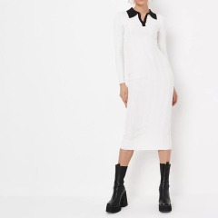 tall white contrast collar rib midaxi dress