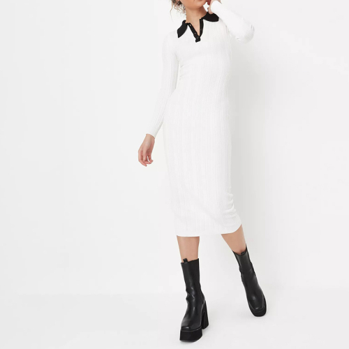 tall white contrast collar rib midaxi dress