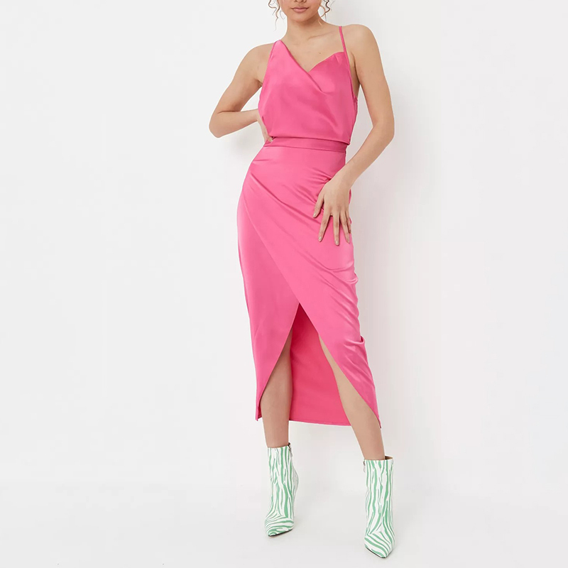 tall pink asymmetric strap satin drape midi dress