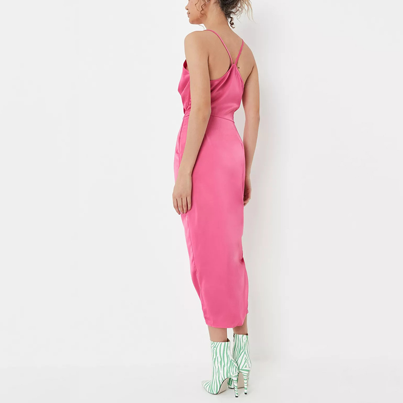 tall pink asymmetric strap satin drape midi dress