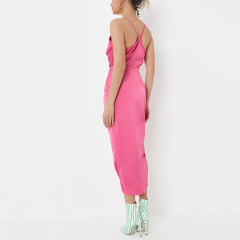 tall pink asymmetric strap satin drape midi dress
