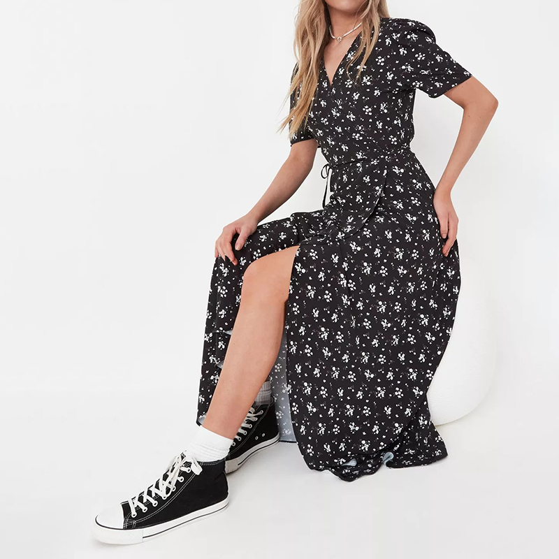 black ditsy floral print wrap midaxi dress