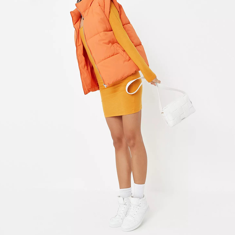 orange square neck long sleeve mini dress