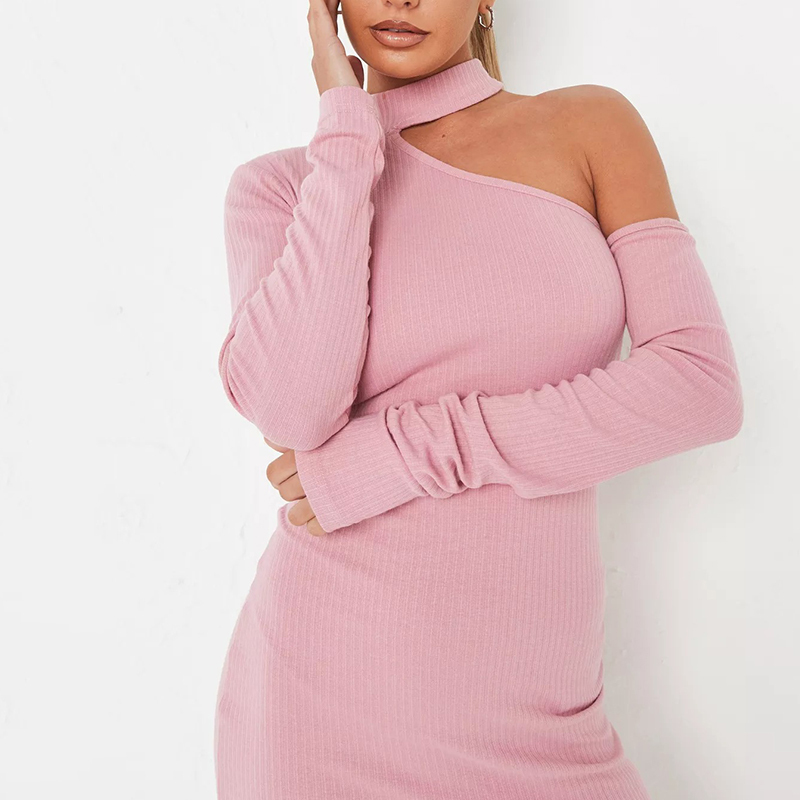 pink rib high neck cut out mini dress