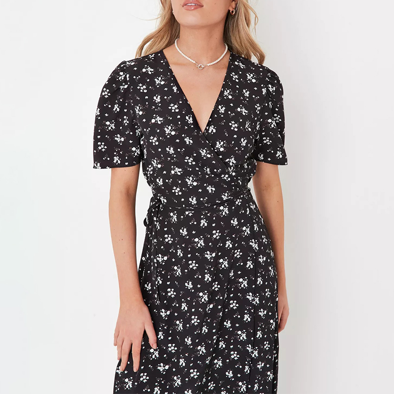 black ditsy floral print wrap midaxi dress
