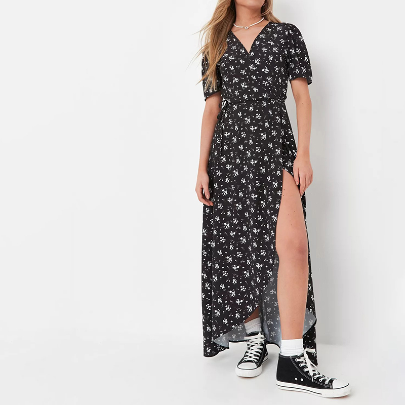 black ditsy floral print wrap midaxi dress