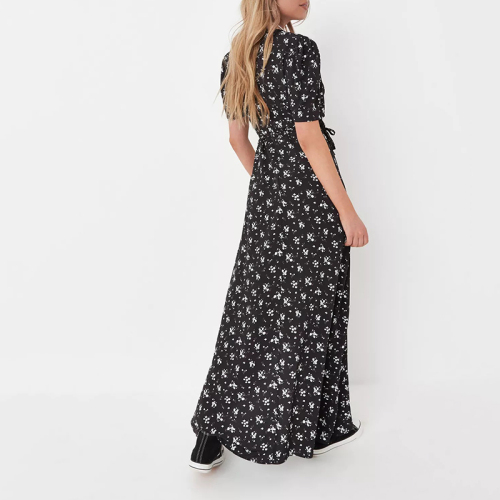 black ditsy floral print wrap midaxi dress