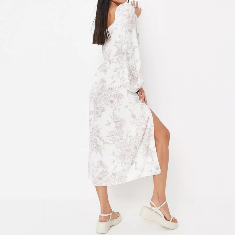 stone floral print milkmaid balloon sleeve midaxi dress