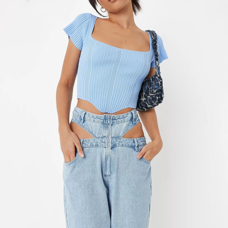 tall blue sweetheart neck rib knit t shirt
