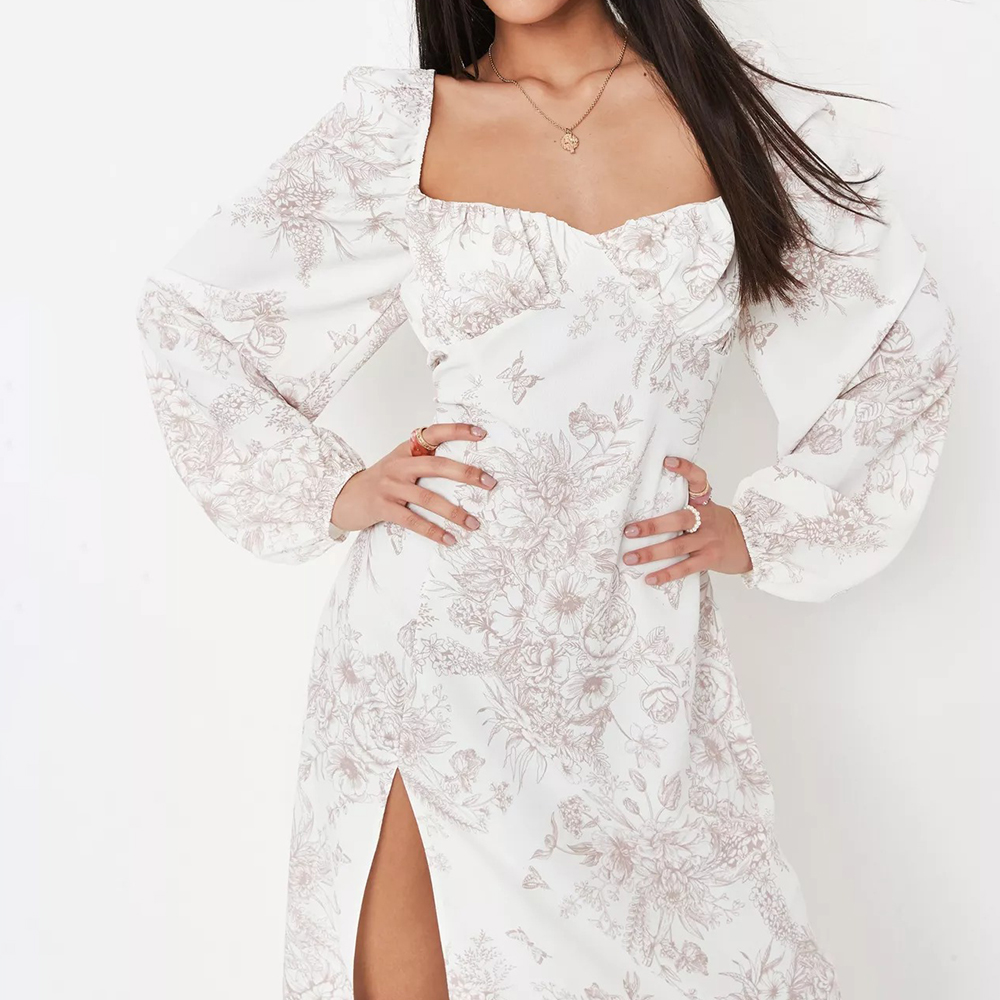 stone floral print milkmaid balloon sleeve midaxi dress