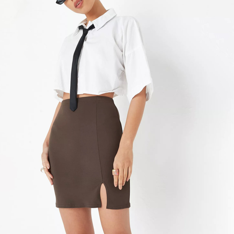 tall chocolate tailored split front mini skirt