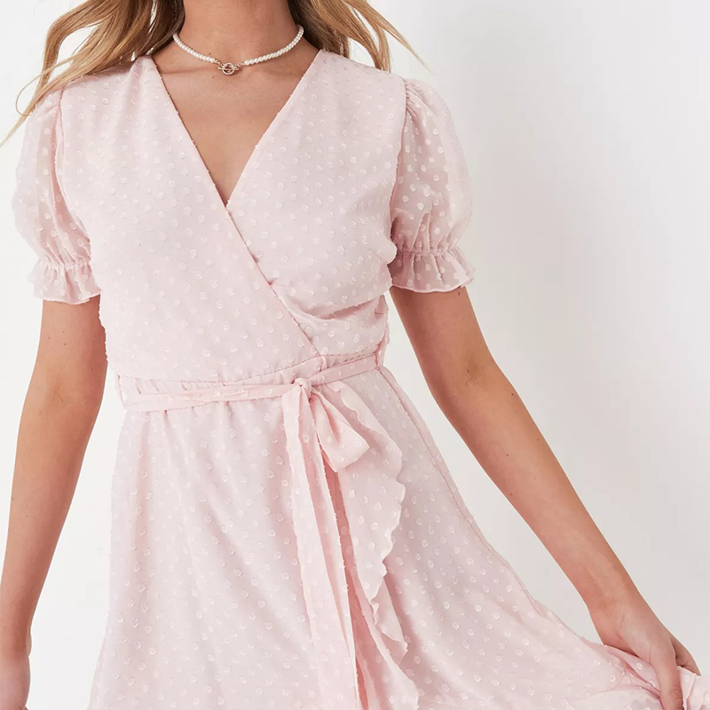 petite pink dobby frill wrap tea dress