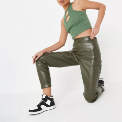 tall khaki mock croc faux leather turn up hem trousers