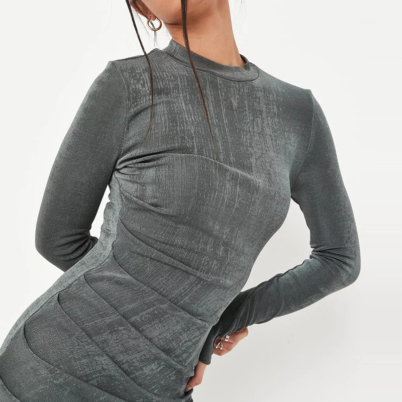 khaki high neck ruched mini dress