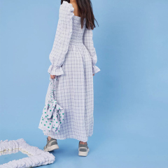 lilac check print shirred bust midaxi dress